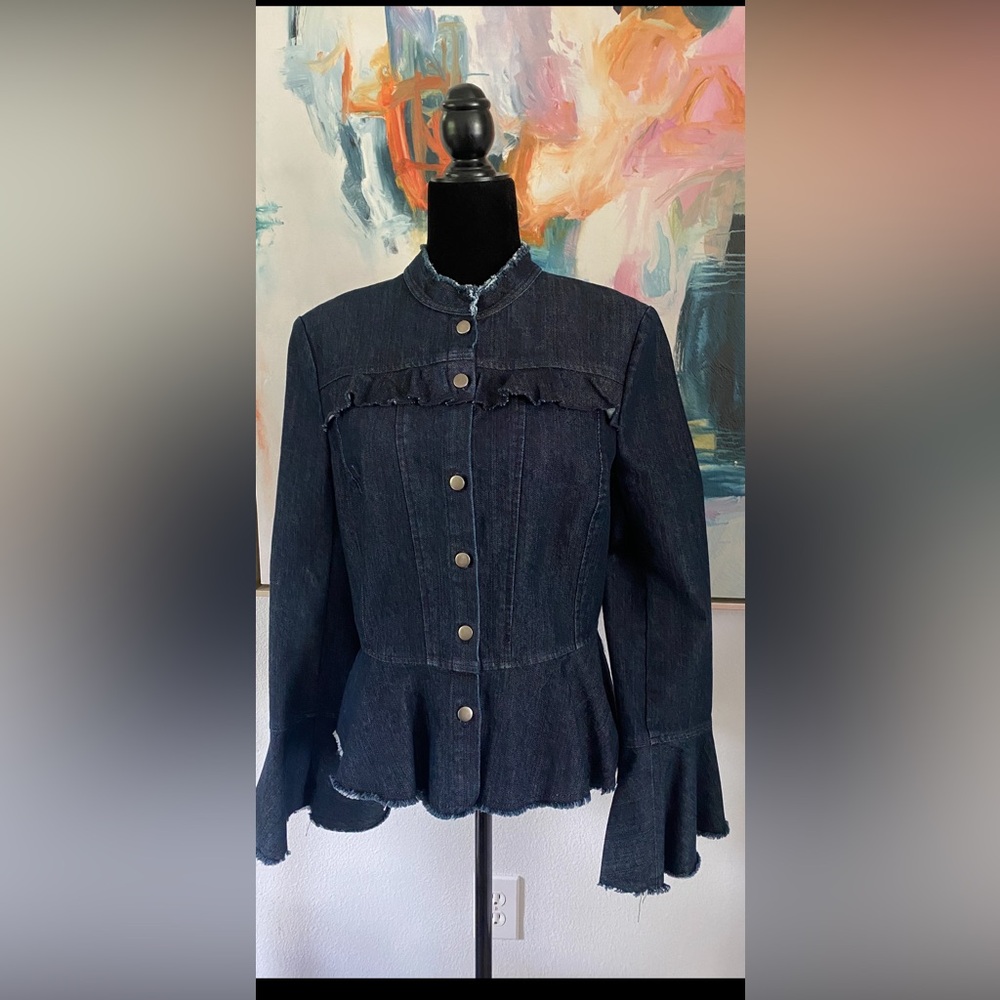 Scripted Women's Dark Blue Jean Jacket with Ruffle Details - Picture 2 of 14